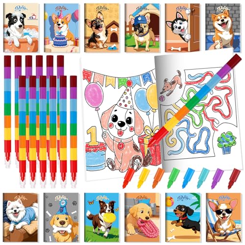BenLouis 24 Dog Mini Coloring Books Kids with 24 Stacking Crayons Cute Puppy Party Favors Activity Books Bulk for Kids Pet Paw Goodie Bag Gift Stuffer Classroom Reward - style: Dog