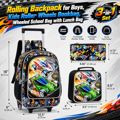 WZLVO 3PCS Kids Rolling Backpack, 18" Race Car Print Rolling Bookbag, Includes Matching Lunch Bag & Pencil Bag - Red Racing Speed - color: 3PCS Boys Rolling Backpack - Red Racing Speed