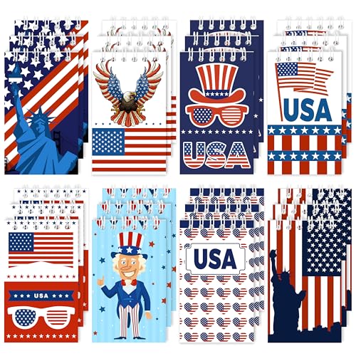 24Pcs Patriotic Mini Notepads, Red White Blue 4th of July Spiral Notebooks Bulk, USA American Pocket Memo Pads for Labor Day Veterans Day 250th anniversary Party Favors Gifts Office School Supplies - style: Patriotic