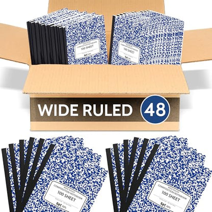 48 Pack - EPI Wide Ruled Marble Composition Notebook - Blue 200 Page Note Book - 9.75 x 7.5 Inch Hardcover Journal with Sewn Binding for Secure Pages - Classroom Back to School Supplies - color: Blue, size: 48
