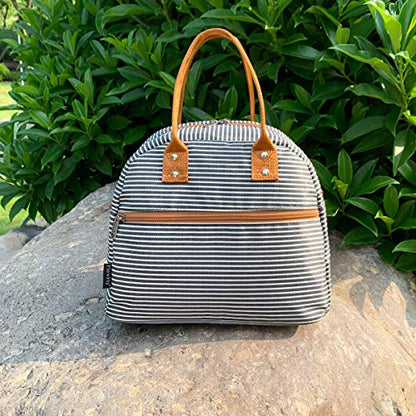 FlowFly Insulated Lunch Bag With Shoulder Strap for Women, Men, and Kids, Large and Reusable, Handle, Freezable Work and School Travel Tote and Meal Prep Organizer,White and Black Stripes - color: White and Black Stripes
