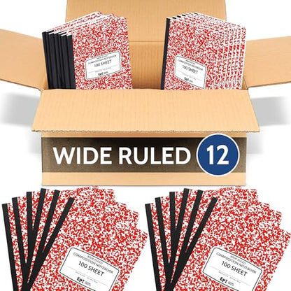 12 Pack - EPI Wide Ruled Marble Composition Notebook - Red 200 Page Note Book - 9.75 x 7.5 Inch Hardcover Journal with Sewn Binding for Secure Pages - Classroom Back to School Supplies - color: Red, size: 12
