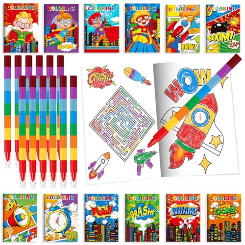 BenLouis 24 Hero Mini Coloring Books Kids with 24 Stacking Crayons Hero Party Favors Activity Books Bulk for Kids Hero Goodie Bag Gift Stuffer Classroom Reward - style: Hero