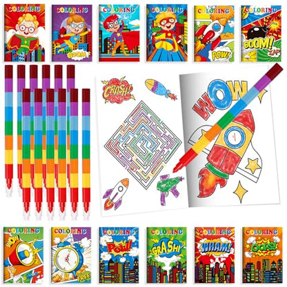 BenLouis 24 Hero Mini Coloring Books Kids with 24 Stacking Crayons Hero Party Favors Activity Books Bulk for Kids Hero Goodie Bag Gift Stuffer Classroom Reward - style: Hero