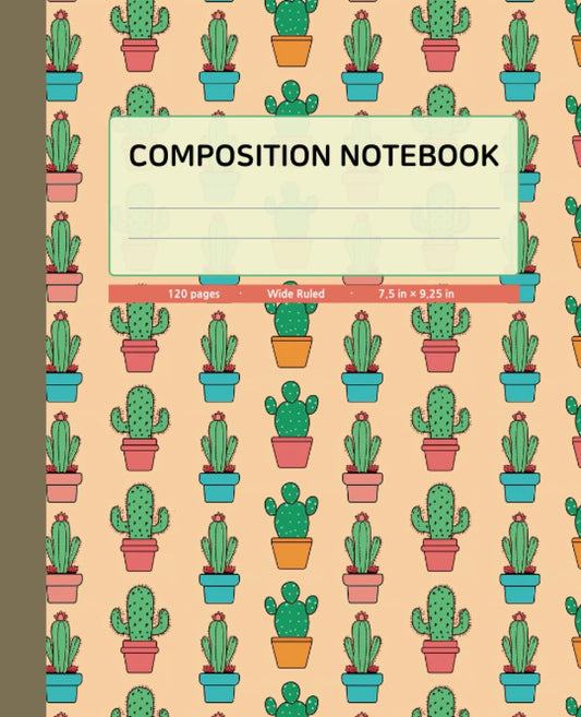 Composition Notebook Wide Ruled | Cactus illustration with Brownish Grey Spine Color | 120 Pages, 7.5x9.25 inches