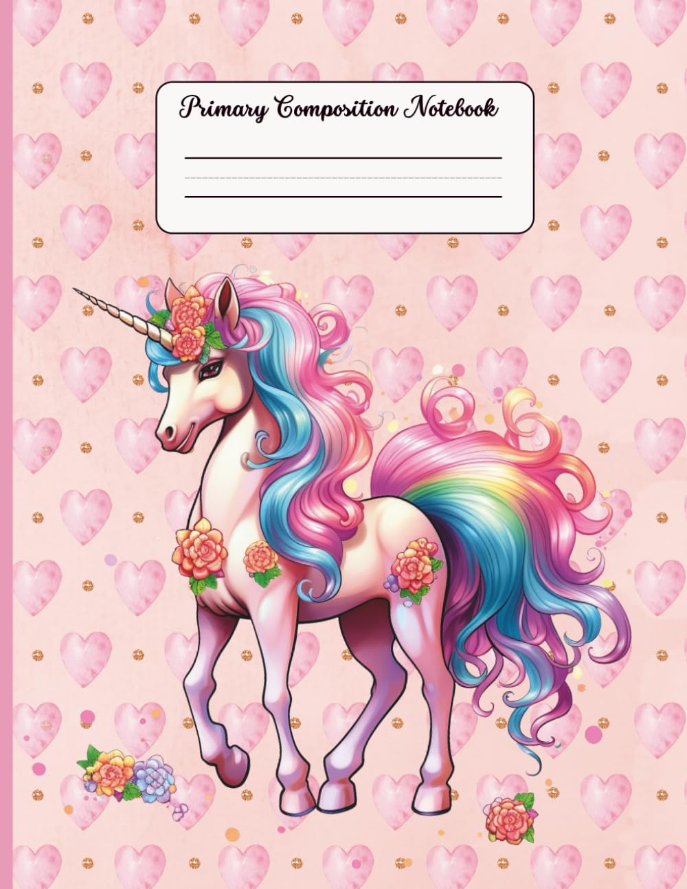 Primary Composition Notebook K-2 with Picture Space: Cute Pink Unicorn, Primary Story Journal, Dotted Midline, Drawing Space on Top, Handwriting Practice Paper for Girls, 8.5x11, Half Ruled