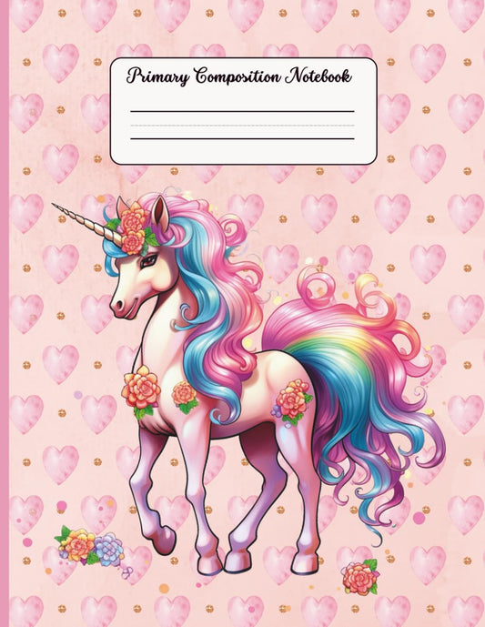 Primary Composition Notebook K-2 with Picture Space: Cute Pink Unicorn, Primary Story Journal, Dotted Midline, Drawing Space on Top, Handwriting Practice Paper for Girls, 8.5x11, Half Ruled