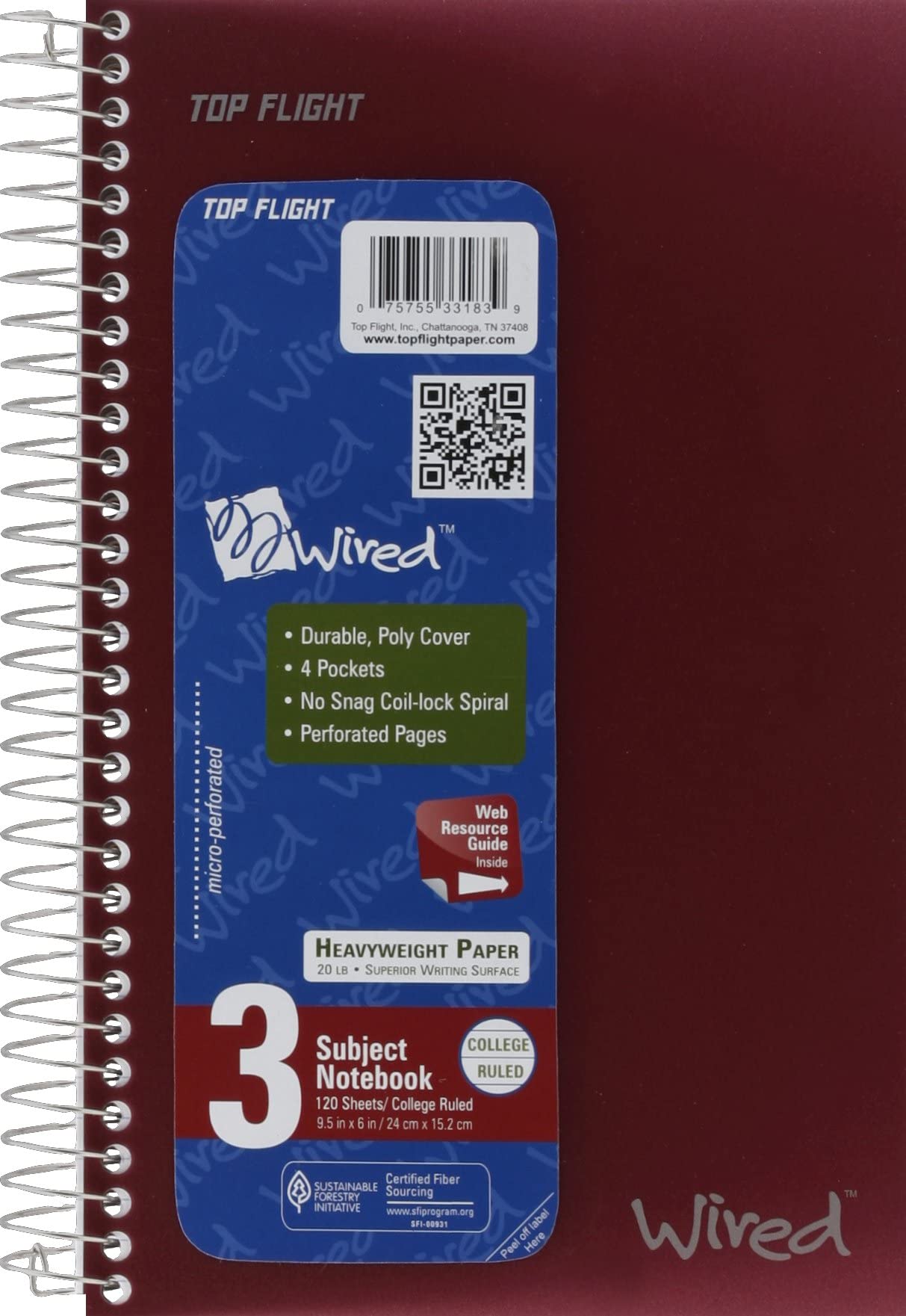 Top Flight Wired 3-Subject Notebook, 120 Sheet
