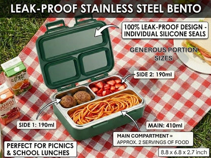Stainless Steel Bento Box with Vacuum-Seal Valve (Leak-Proof) – 3-Compartment Medium Lunch Container (8.8" x 6.9") – Easy-Open Air Vent, Removable Tray & Spoon (Green)