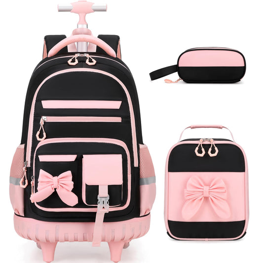 DIGOBAY Rolling Backpack for Girls, Cute Roller School Bag with Wheels, Kids Wheeled Backpacks Set with Lunch Bag Pencil Case for Teen Girls Kindergarten Elementary Middle School - color: Black-pink