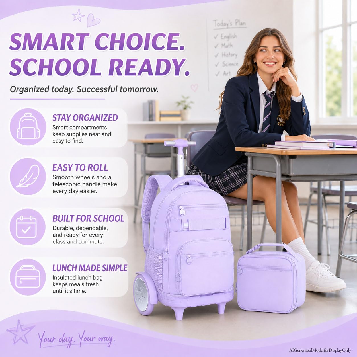 3Pcs Large Rolling Backpack for Teen Girls Women, 20 Inch Detachable Wheeled Bookbag with Lunch Box, Durable Oxford Cloth Roller Backpack for College School Travel (Purple) - color: Large Wheels Classic Purple