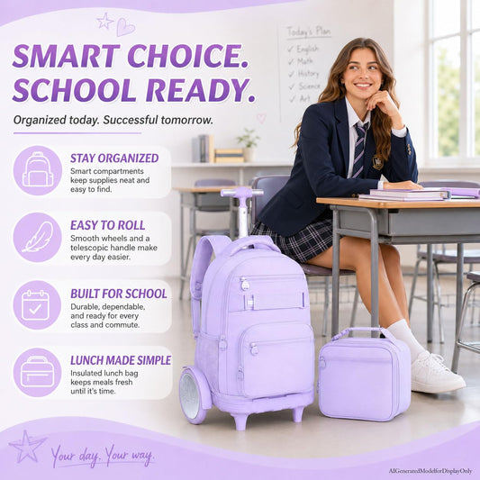 3Pcs Large Rolling Backpack for Teen Girls Women, 20 Inch Detachable Wheeled Bookbag with Lunch Box, Durable Oxford Cloth Roller Backpack for College School Travel (Purple) - color: Large Wheels Classic Purple