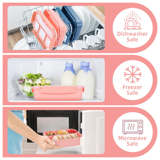QQKO Bento Box Adult Lunch Box, Lunch Containers for Adults Men Women, Kids Lunch Boxes for School with 4 Compartments, Sauce Container, Utensils and Muffin Cups, Pink - color: Pink