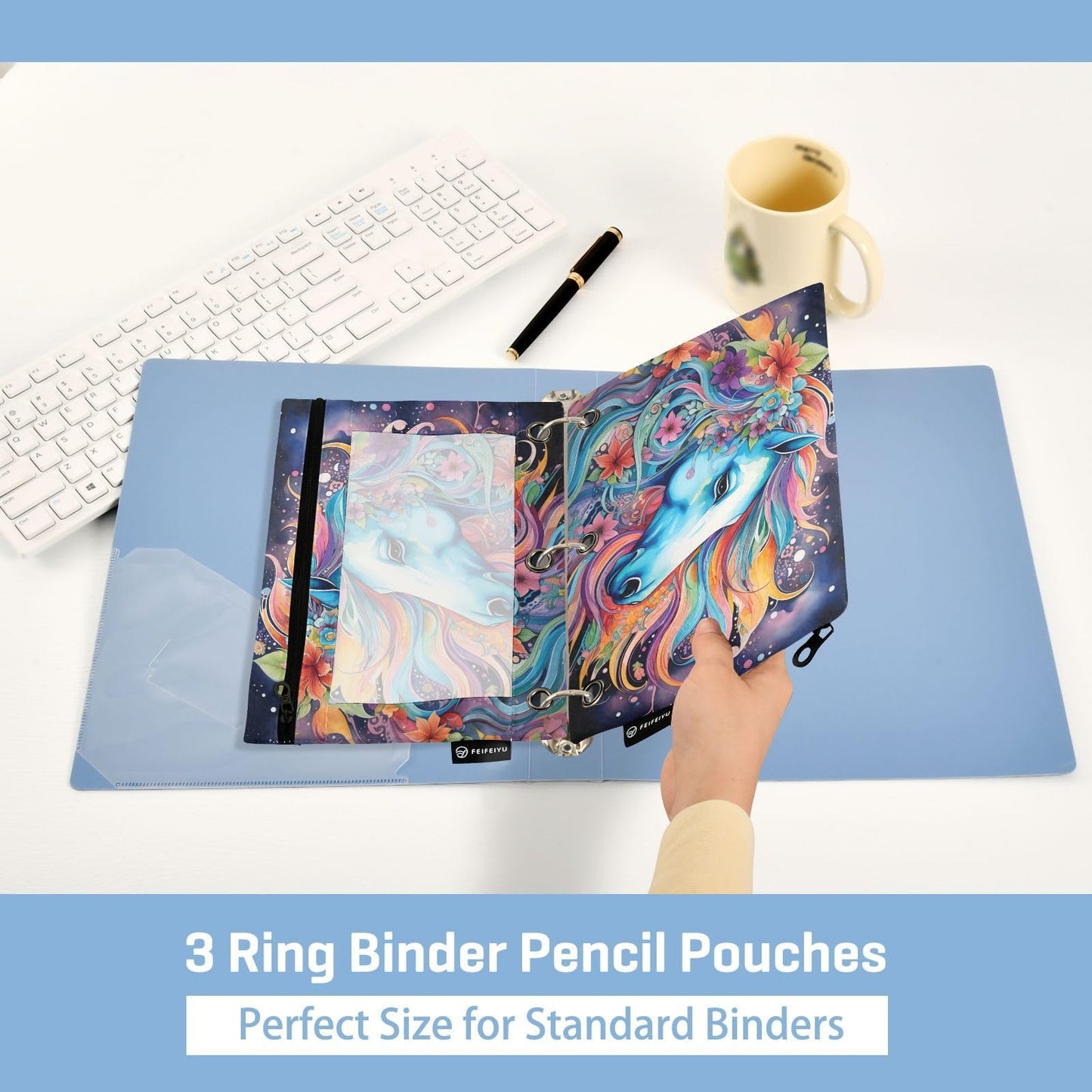 2 Pack 3 Ring Binder Pencil Pouch Ethnic Horse Pencil Case Pencil Bags with Zipper, Clear PVC Binder Pockets for Office Daily Supplies - color: Color 13
