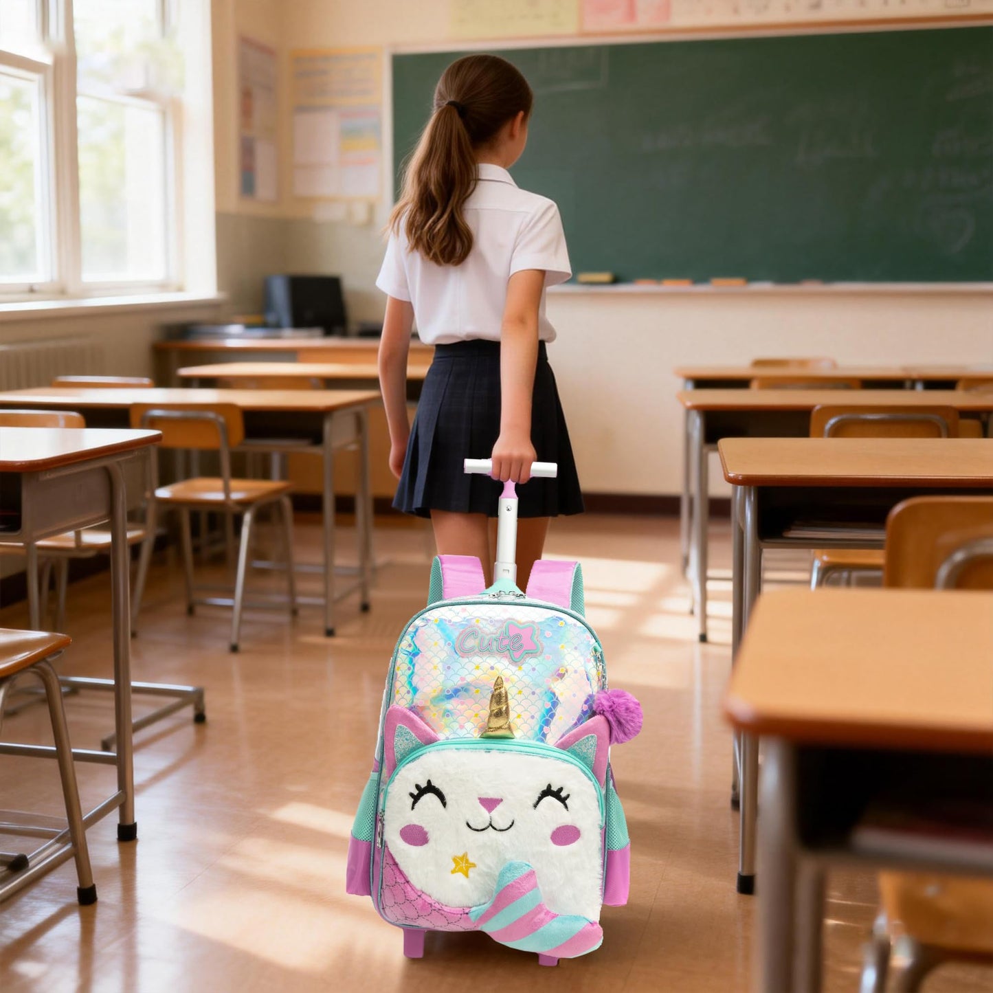 Meetbelify Backpack with Wheels for Girls Rolling Backpack Cute Carry on Backpack for Elementary Student - color: White Cat Mermaid