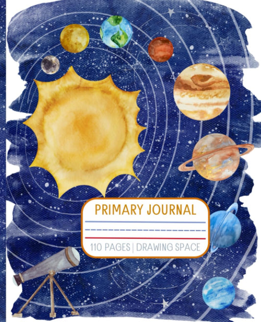 Primary Composition Journal | Watercolor Artwork: Space | Grades K-2 | Story Journal | Dotted Midline | Picture Space | Full Color Edition: 7.5” x 9.25” Size | 110 Pages