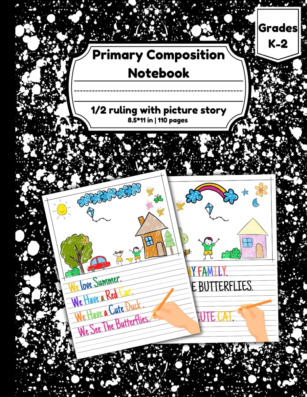 Primary Composition Notebook 1/2 ruling with picture story: Black Primary Writing Journal Grades K-2 with Drawing Space and Dotted midline| ... Draw and Write Journal 8.5 x 11 in|110pages.