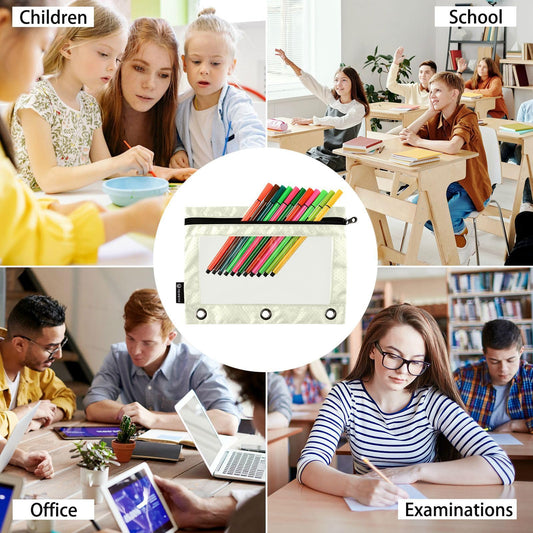 Gredecor Binder Pencil Pouch 3 Ring Beige Zipper Pencil Pouches Case 2 Pack Clear Binder Organizer for School Office - color: Beige