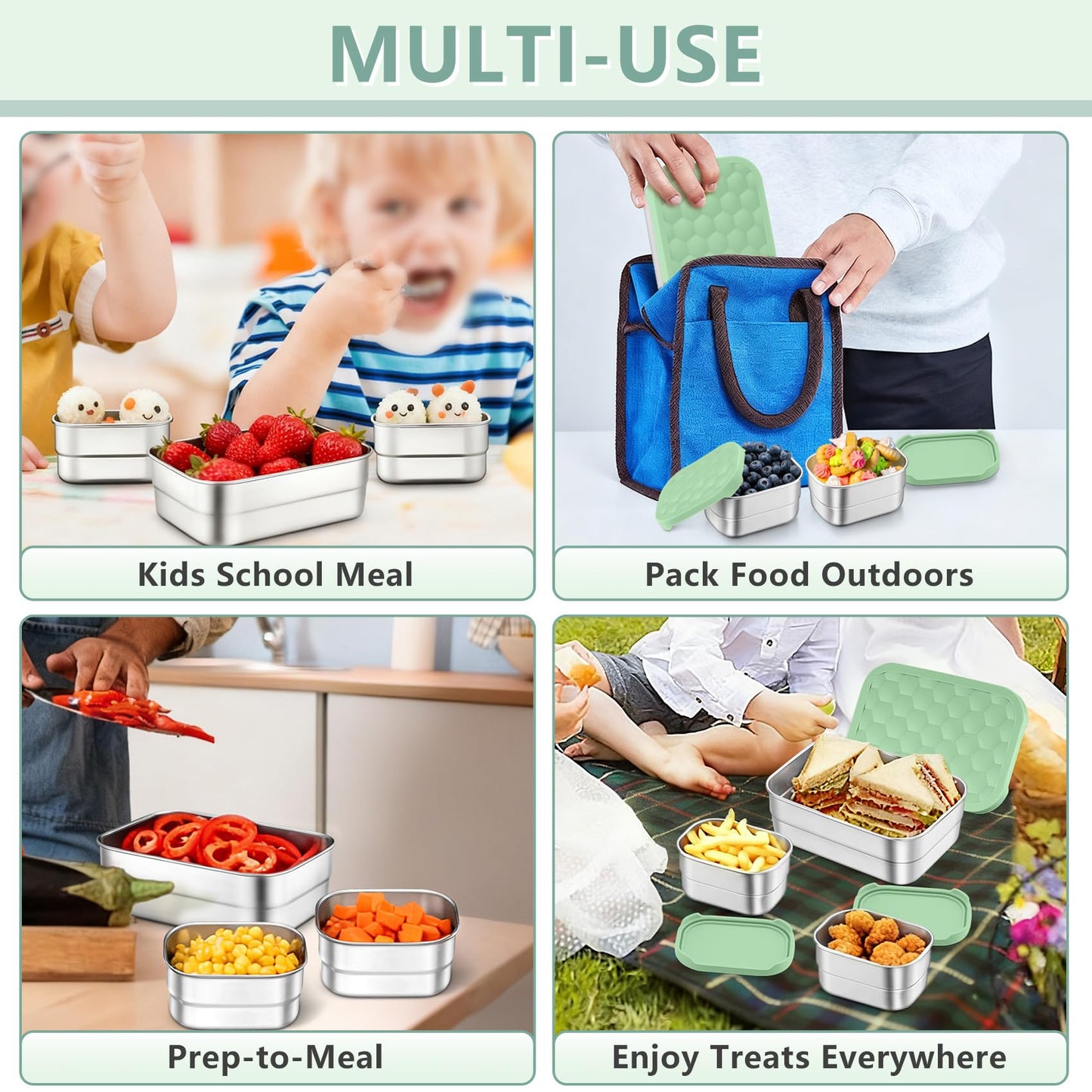 TeamFar Stainless Steel Lunch Box, Food Snack Storage Bento Containers with Silicone Lids for Kids Adults to School Work, Kids Friendly & Dishwasher Safe, Leak-Proof & Easy Open, 25OZ + 8OZ*2 (Green) - color: Green