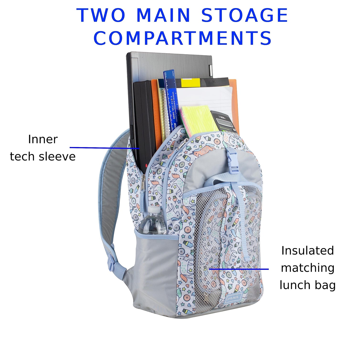 FUEL Lunch Backpack Set Teens Student Water Resistant Bookbag Bag Soft Reusable Insulated Cooler Lunch Box Thermal Travel Office Lunch Bag, Light Blue Magic Donuts - color: Magic Donuts