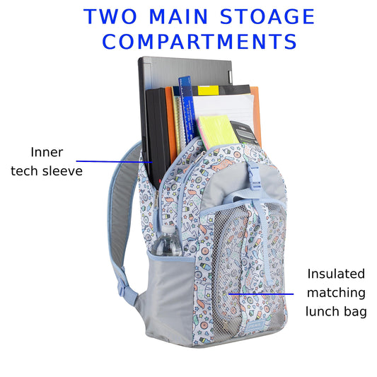 FUEL Lunch Backpack Set Teens Student Water Resistant Bookbag Bag Soft Reusable Insulated Cooler Lunch Box Thermal Travel Office Lunch Bag, Light Blue Magic Donuts - color: Magic Donuts